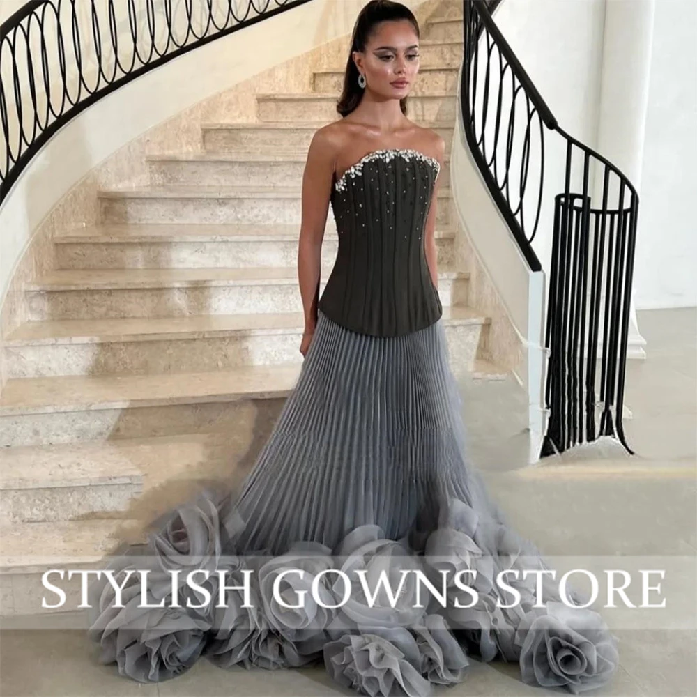 Eleganti abiti da sera grigi A-Line con perline di cristallo senza spalline fiori pieghettati peplo occasione abito da ballo abito personalizzato فسات