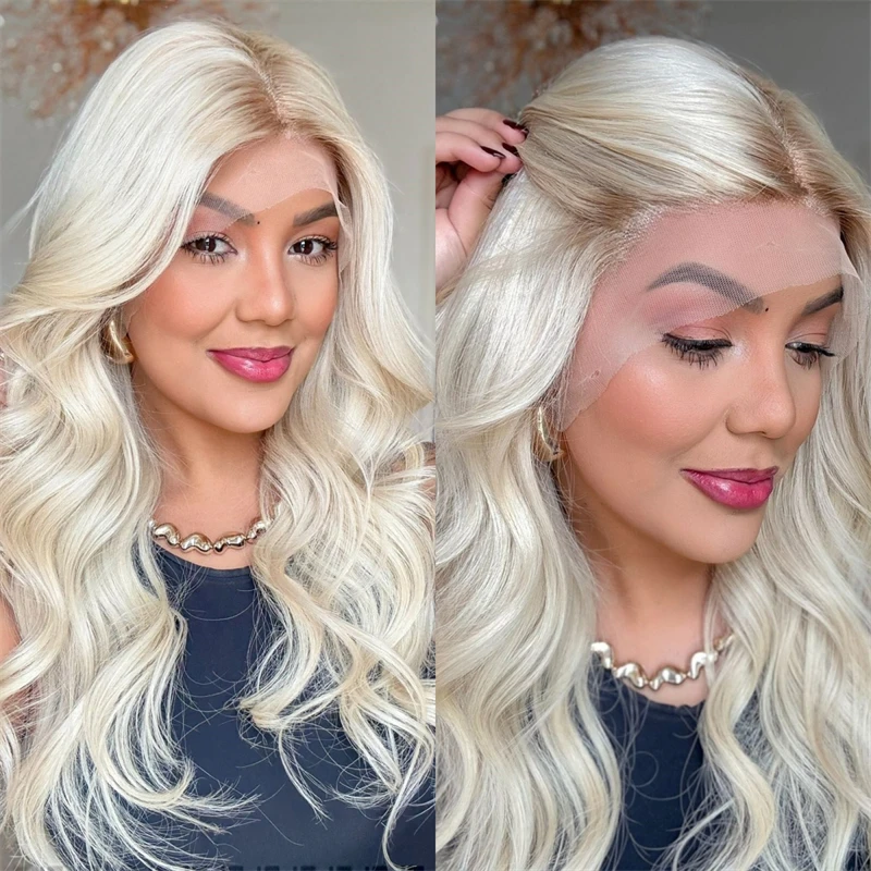 

Synthetic Mono Part Wigs 13x4 Ombre White Platinum Blonde Soft HD Lace Front Wig Natural Body Wave Wig High Quality Wig Party