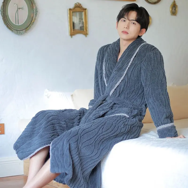 Men'S Thickened Fluffy Fleece Bathrobe Soft Warm Long Sleeve Shawl Collar Belted Loungewear With Pockets For Home Spa Hotel Bath