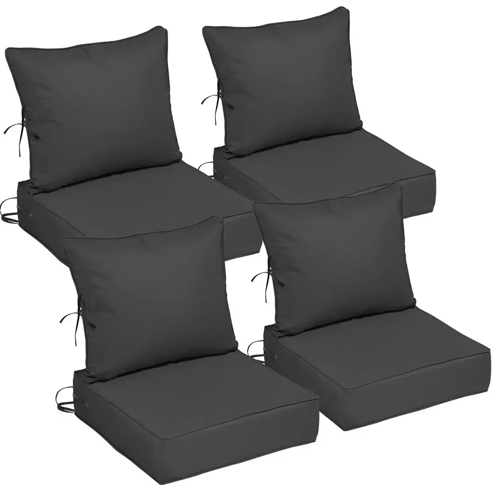 4-Piece Outdoor Chair Cushion Set, Waterproof Deep Seat, Removable Cover, Fade-Resistant 4 Cushions with Ties & Handle, Suitable
