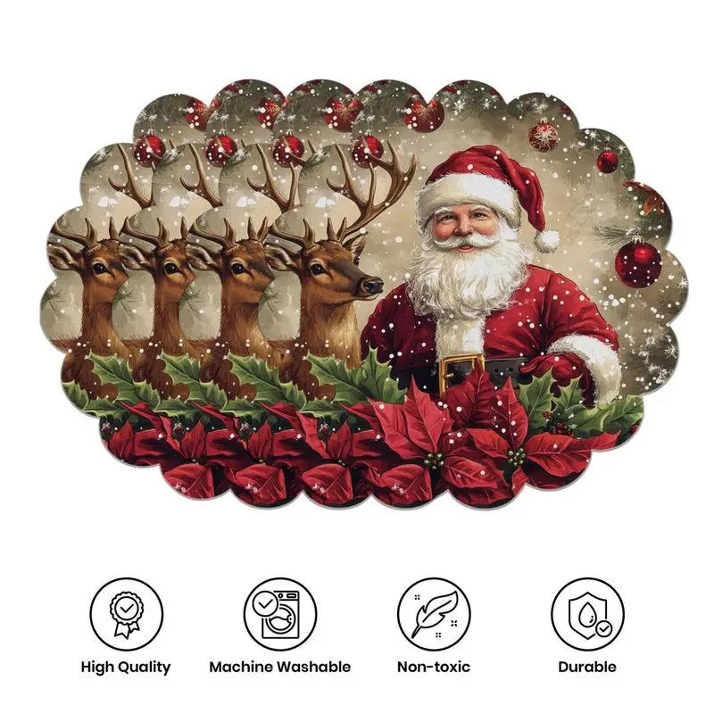 VIKAMA Retro Santa Claus Christmas Mat Holiday Round Insulated Table Mat Wear resistant Plate Mat Home Table Decoration Mat