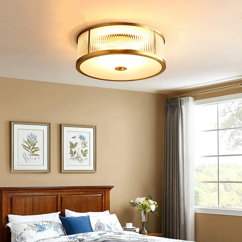 

Bedroom ceiling light all copper American simple master bedroom study light round lamp eye protection led all copper material