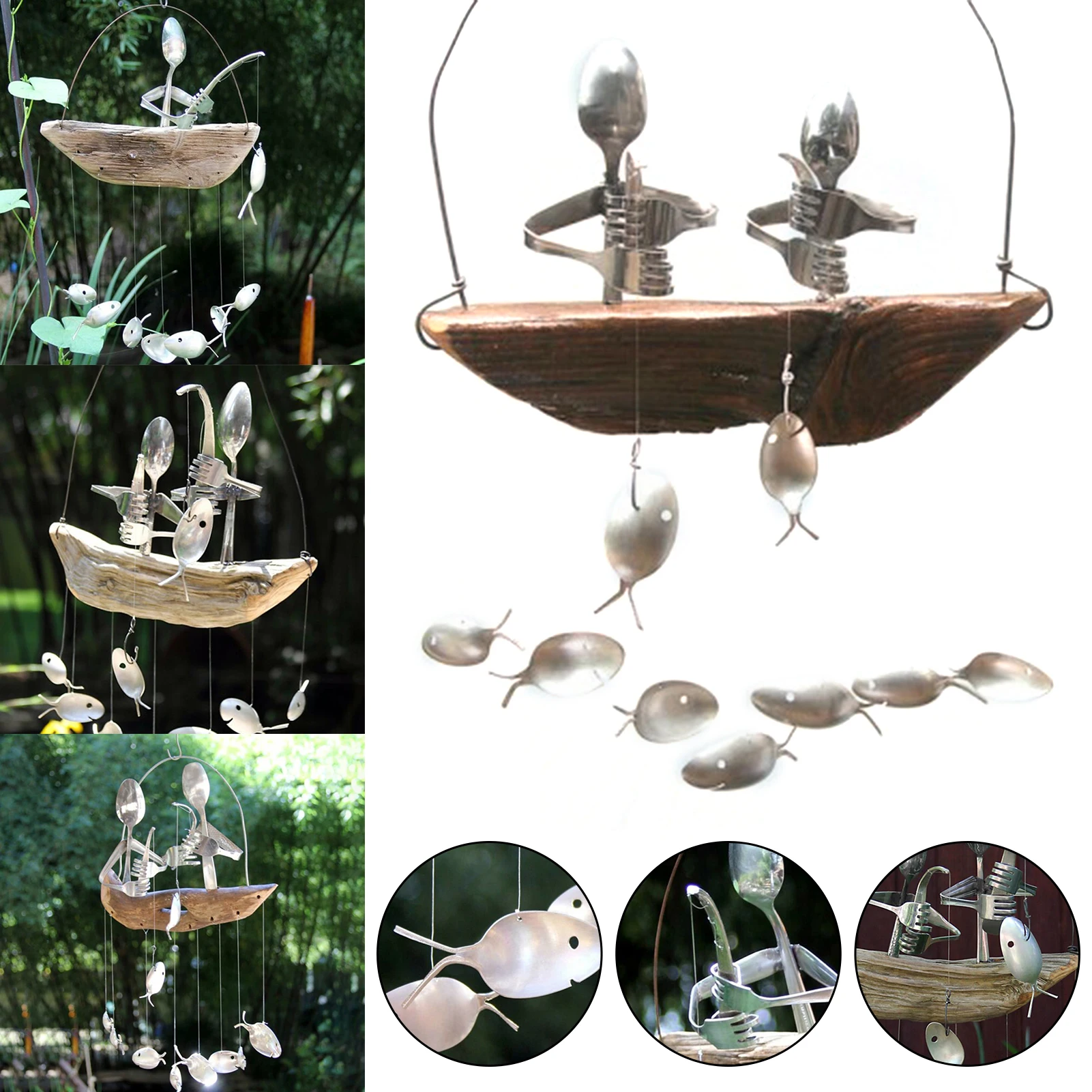 Fishing Man Spoon Fish Sculptures Wind Chime Indoor Outdoor Hanging Ornament Decoration xqmg