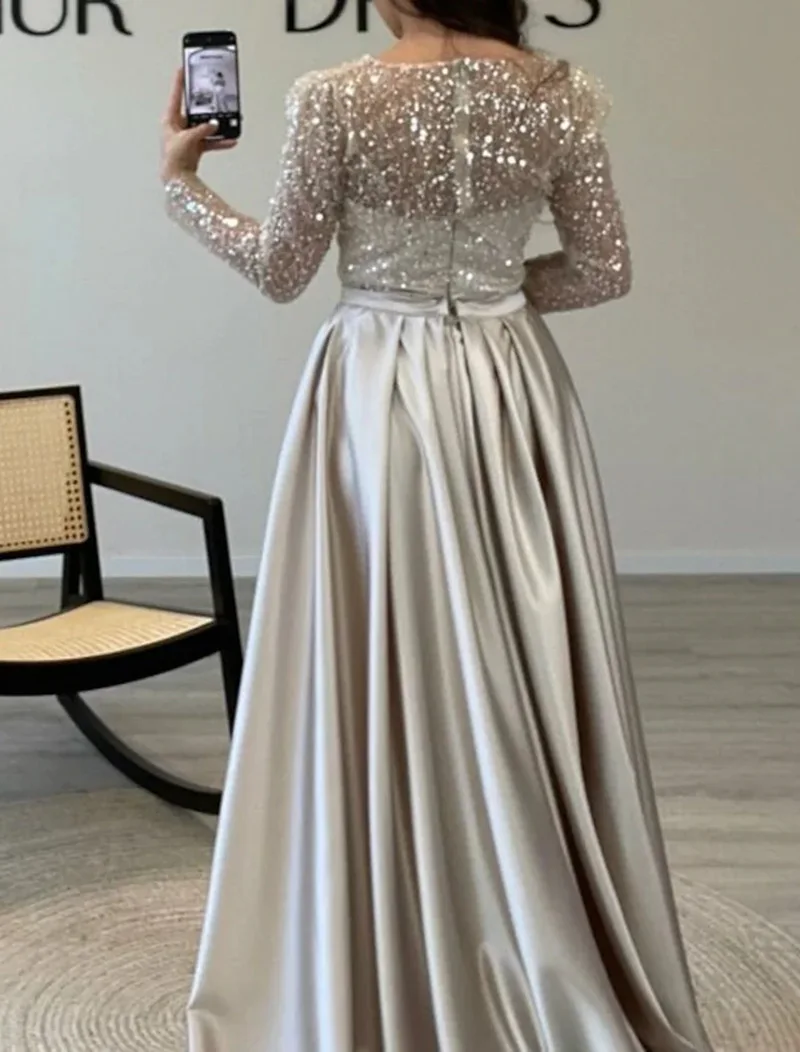 2026 Elegant Evening Dresses Women's Chic Sequin Splice O-neck Long Sleeve Pleated Maxi Dress Sexy High Waist Slim Banquet Gowns