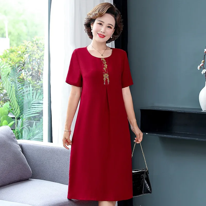 Summer middle-aged mother Vintage Midi Dress embroidery Casual Solid Loose lady Dress Elegant Bodycon Party Vestidos