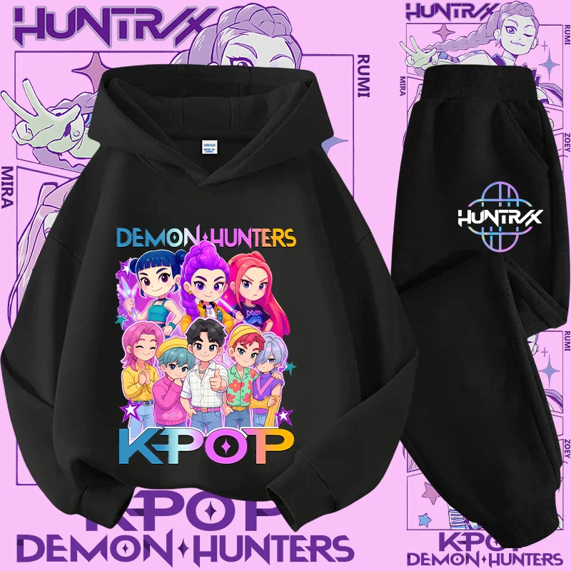 

3 - 12-year-old girls' sportswear 2-piece cute casual top K-pop Demon Hunter children's hooded shirt set with cartoon print