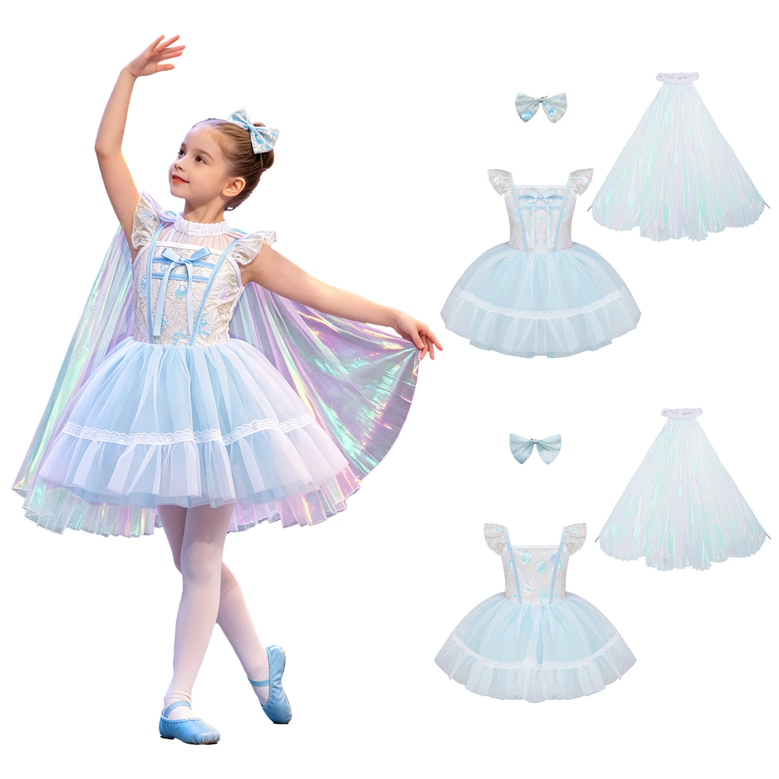 Kids Girls Lyrical Rhythmic Ballet Latin Dance Costume Ruffled Sleeves Bow Sequins Bodice Tulle Tutu Dress with Shimmery Cloak