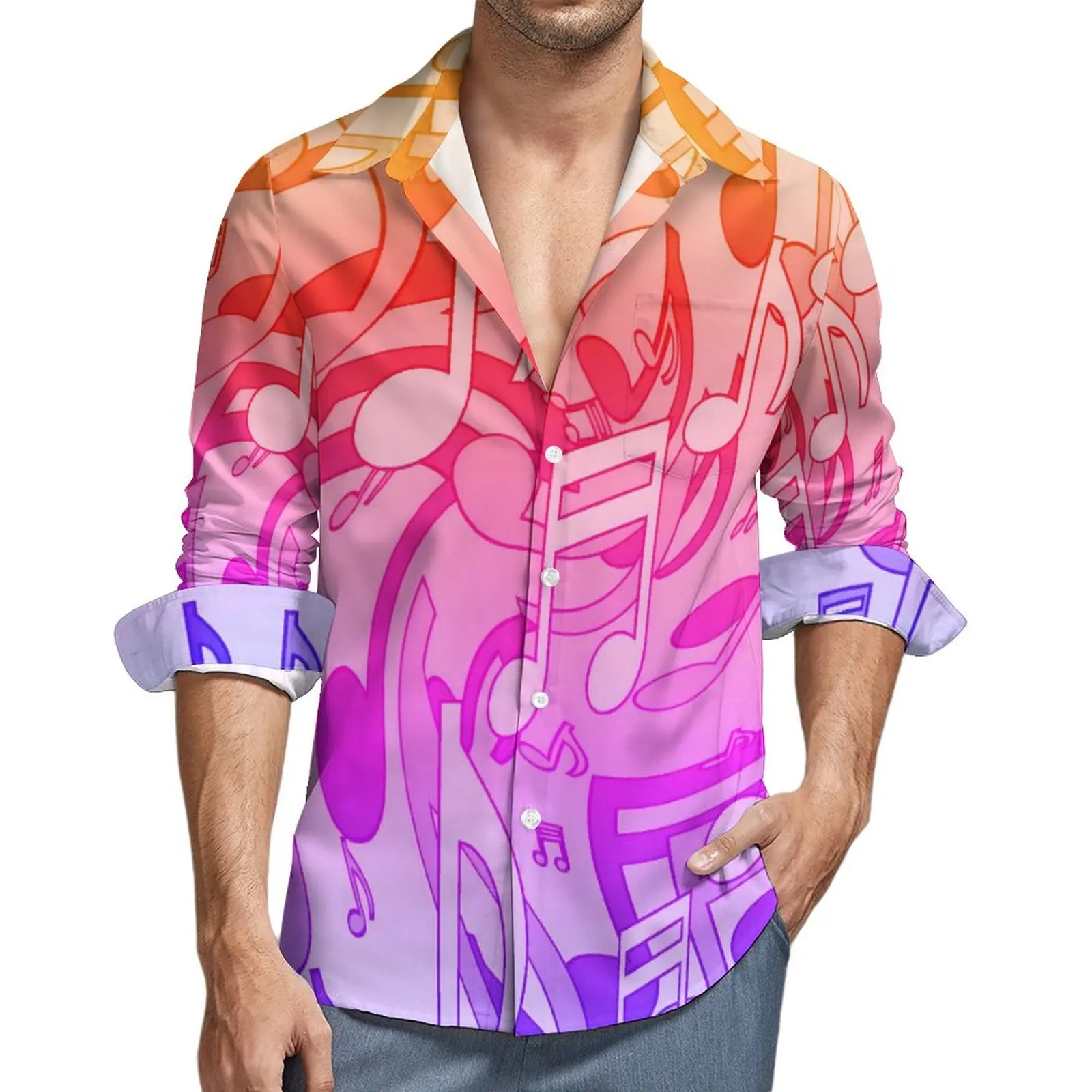 

Lively Music Notes Casual Shirts Men Ombre Print Shirt Long Sleeve Cool Street Blouses Spring Graphic Tops Big Size