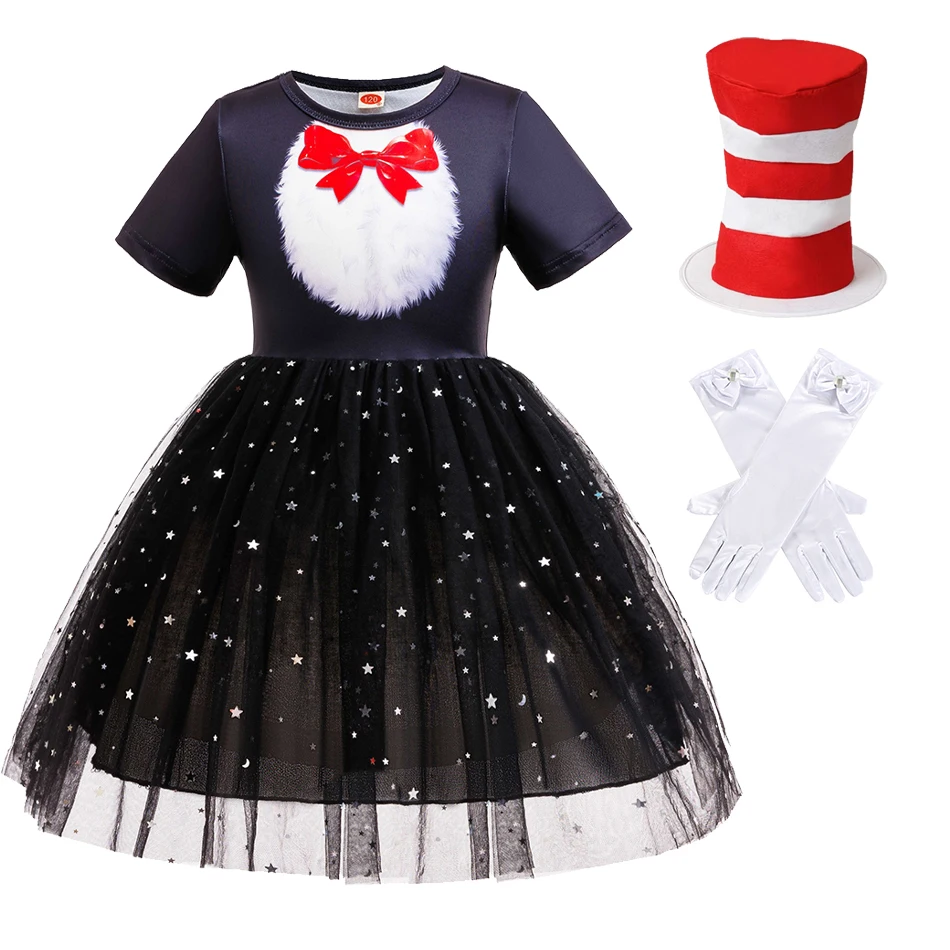 Girls Cat Cosplay Tutu Dress 3D Print Faux Fur Chest Pattern Red Bow Design Black Sparkling Star Tulle Skirt for Trick‑or‑Treat