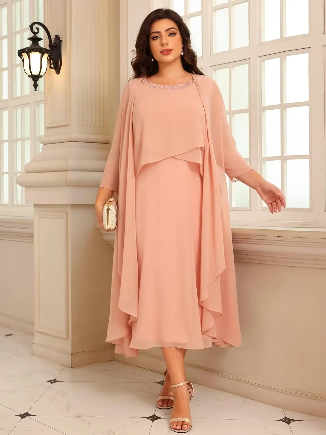 

Women's 2 Piece Mother of The Bride Dresses for Wedding Long Sleeve Ruffles Chiffon Formal Evening Dress