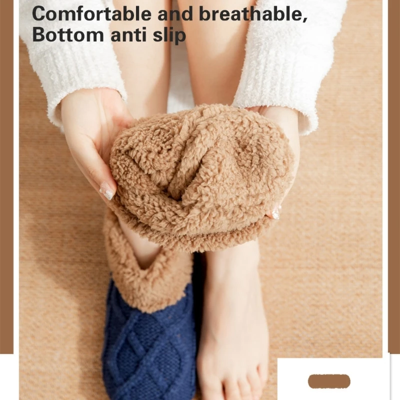 Winter Knitted Ankle Slipper Socks for Women and Men Thick Fleece Lined Soft Nonslip Grip Bottom Soles Warm Floor Socks image 3