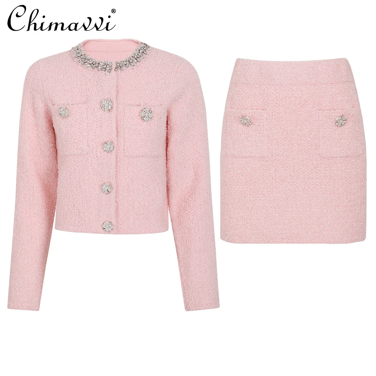 

Spring and Autumn New Fashion Rhinestone Knitted Set Women's Long Sleeve Top + Short Skirt Elegant Party Two-Piece Set for Women
