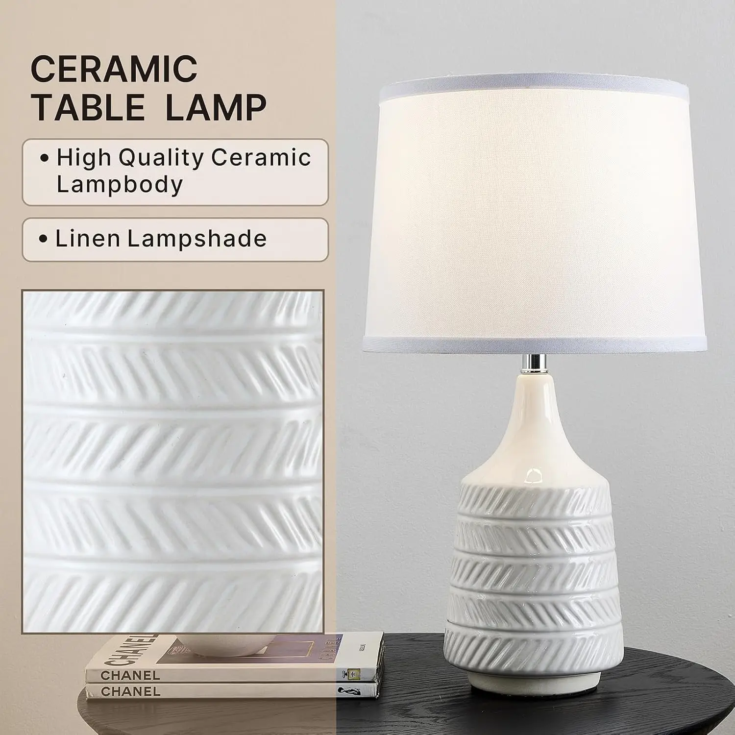 Set of 2 White Ceramic Table Lamps, 18.5" Modern Bedside Lamps for Night Stands, Farmhouse Decor with LED Bulbs view 5