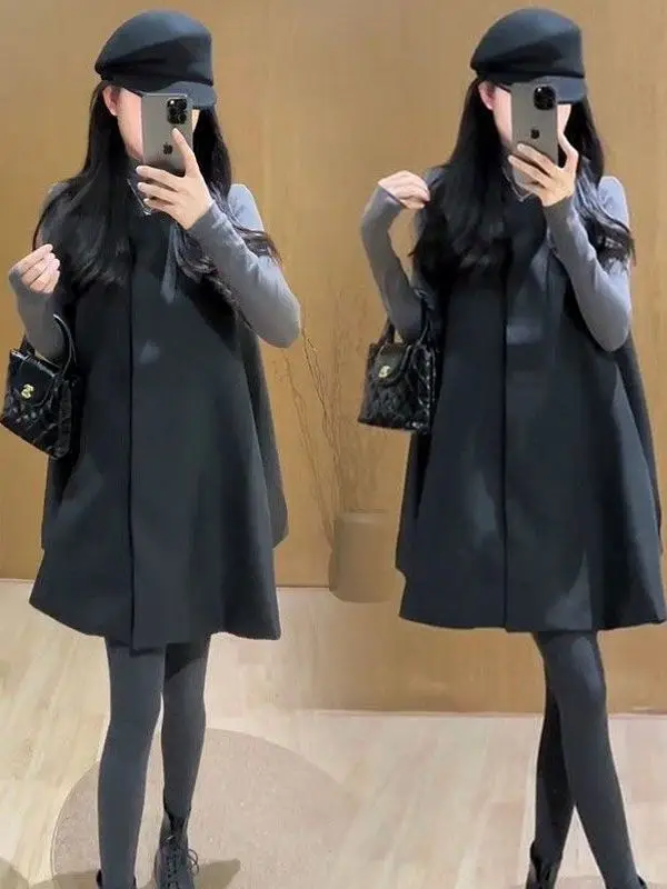 

Spring Women's Svel Vest Dr Two-Piece Set Long Sve Base irt Inner Wear Midi Skirt Faion Ensemble Casual Wear