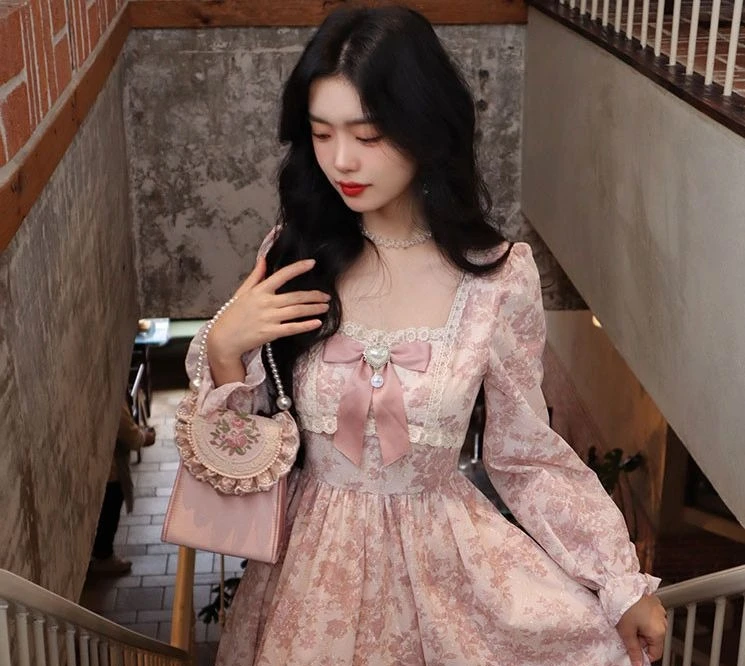 Abito francese primavera autunno 2023 da donna manica lunga floreale rosa vestibilità slim elegante dolce principessa stile fata abito di fascia alta