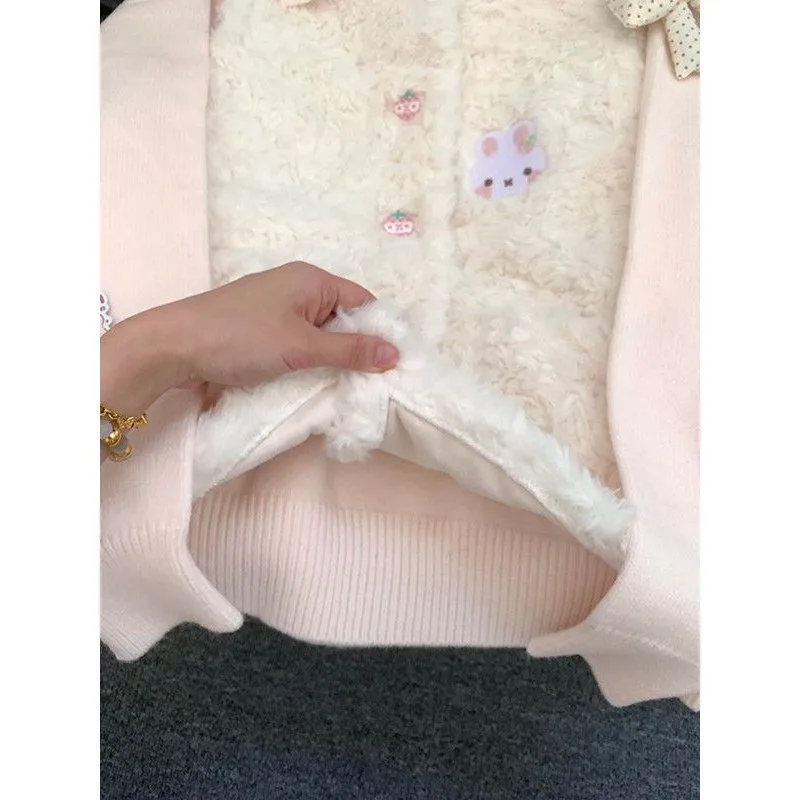 Sweet Kawaii 2 Piece Set Women Floral Print Double Sided Soft Fuzzy Vest Pink Knit Cardigan Bow Patch Slim Fit Casual Daily New