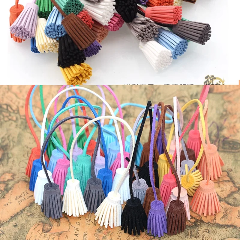 2Pcs Double Leather Tassel Leather Strip Cord with Tassel Fringe Suede Tassel Key Chains Pendant for DIY Craft Jewelry Accessory