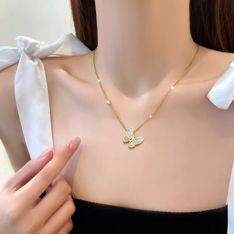316L Stainless Steel Fashion Fine High-end Jewelry Natural Shell Zircon Butterfly Charms Collier Necklaces Pendants For Women
