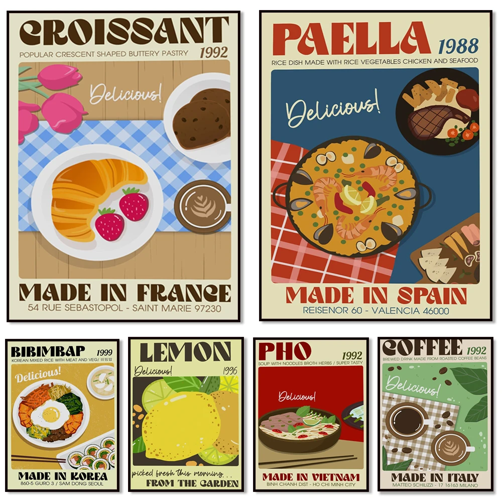 Cartel de comida asiática, paella, croissant francés, pho, bibimbap coreano, limón, verduras vintage, japonés, logo de come impresión de cocina