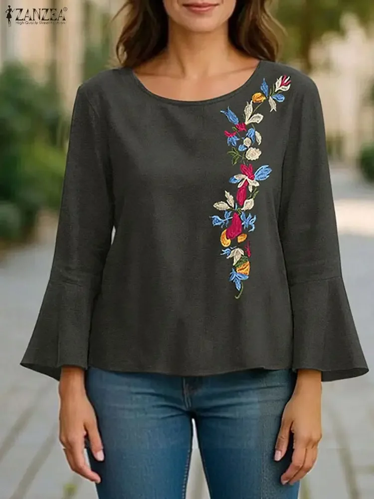 

ZANZEA Autumn Women Floral Embroidery Blouse 2025 Fashion Long Flare Sleeve Casual Shirts Elegant Office Lady Tunic Tops Female
