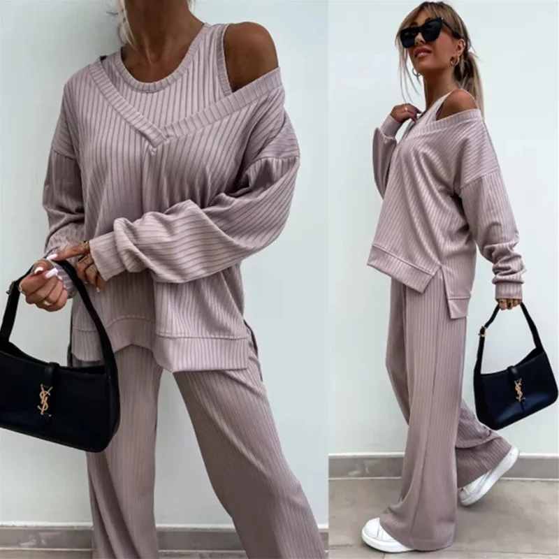 

2025 Women's Solid Color Vest with Long Sleeved V-neck Top and Casual Pants Three Piece Set