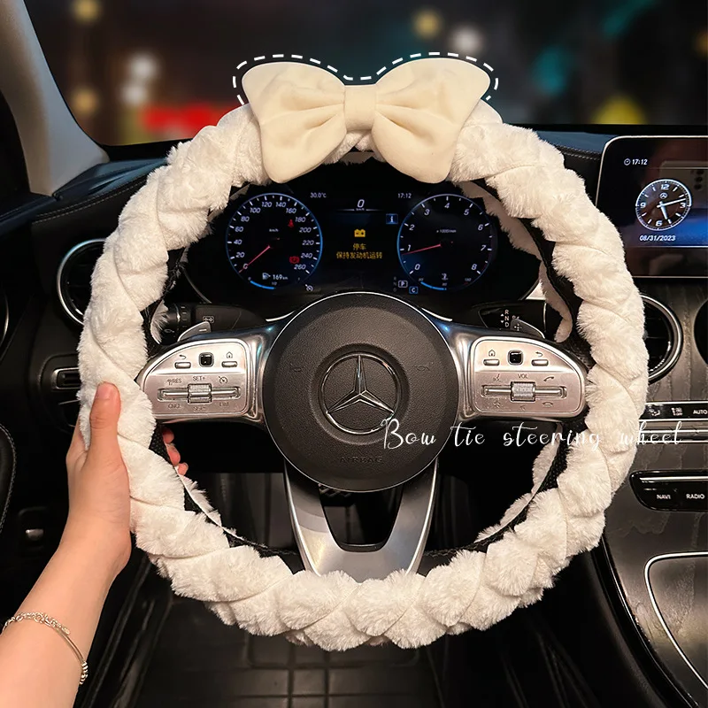 Plush Steering Wheel Cover For Winter Women Warm Fur Handle Cover Cute Pink Bowknot Girls Car Steering Protective Cover White