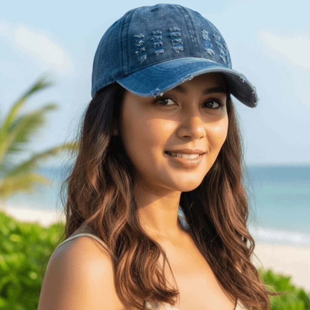 

Adjustable Frayed Denim Baseball Cap Sunscreen Sunshade Unisex Retro Peaked Hat Versatile Polyester