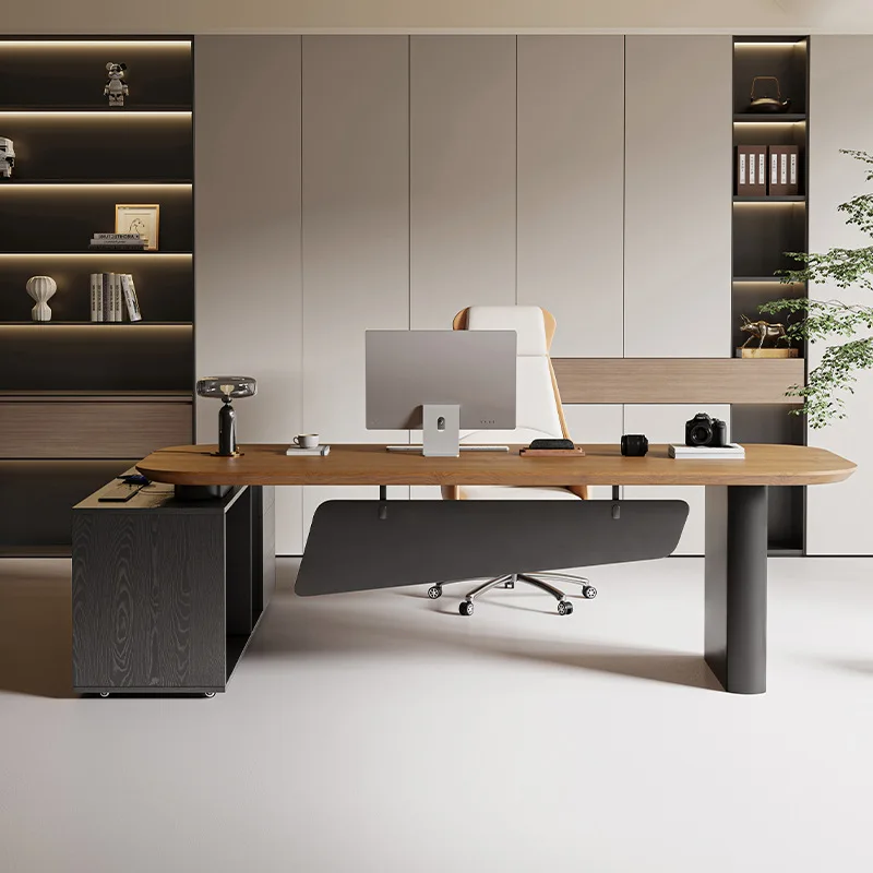 Modern vision solid wood minimalist president desk boss table and chair combination with side cabinet