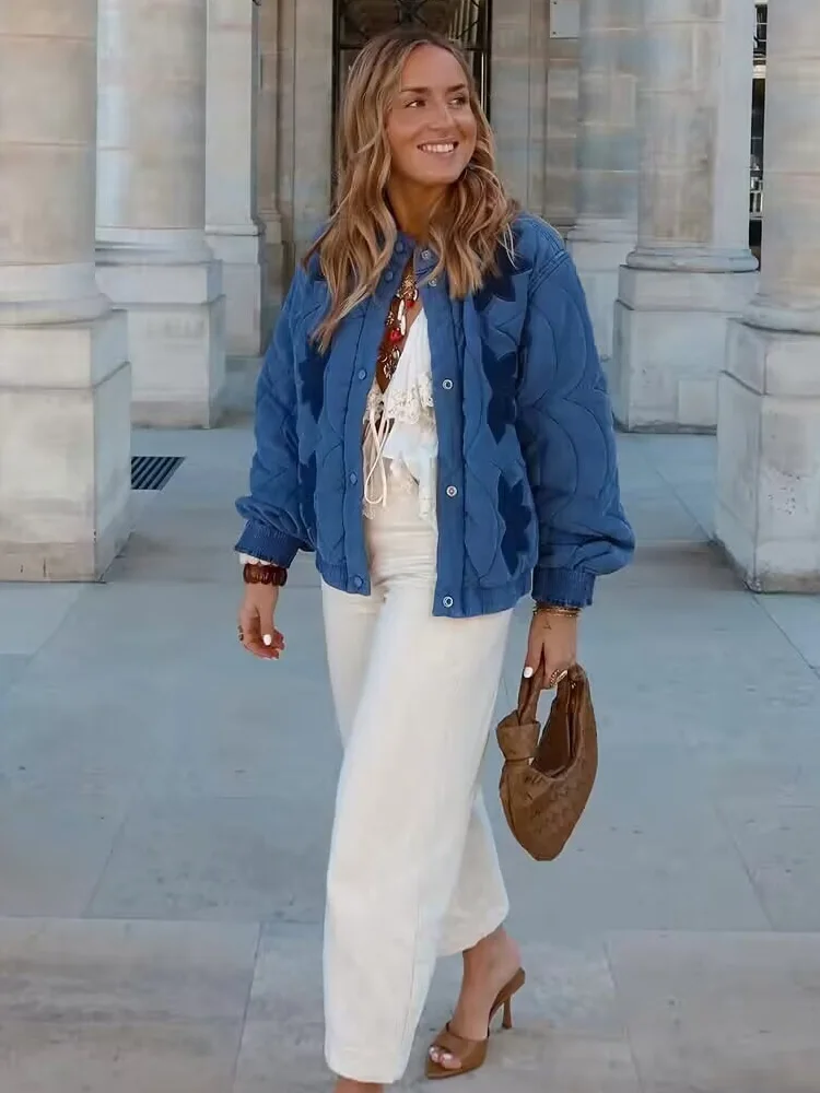 HH 2025 موضة المرأة مبطن سترة قطن الخريف الإناث طويلة الأكمام التطريز مبطن معاطف قصيرة سيدة شارع العليا أبلى