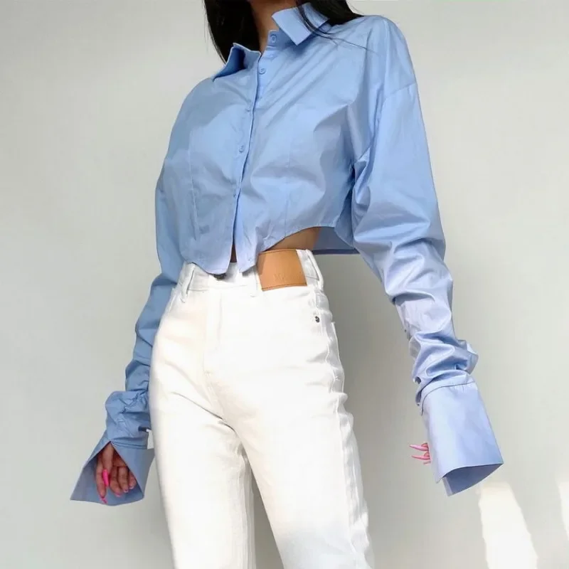 Blusa de manga larga con cuello vuelto para mujer, camisa blanca a la moda, Tops cortos informales de un solo pecho, primavera y otoño, 29011