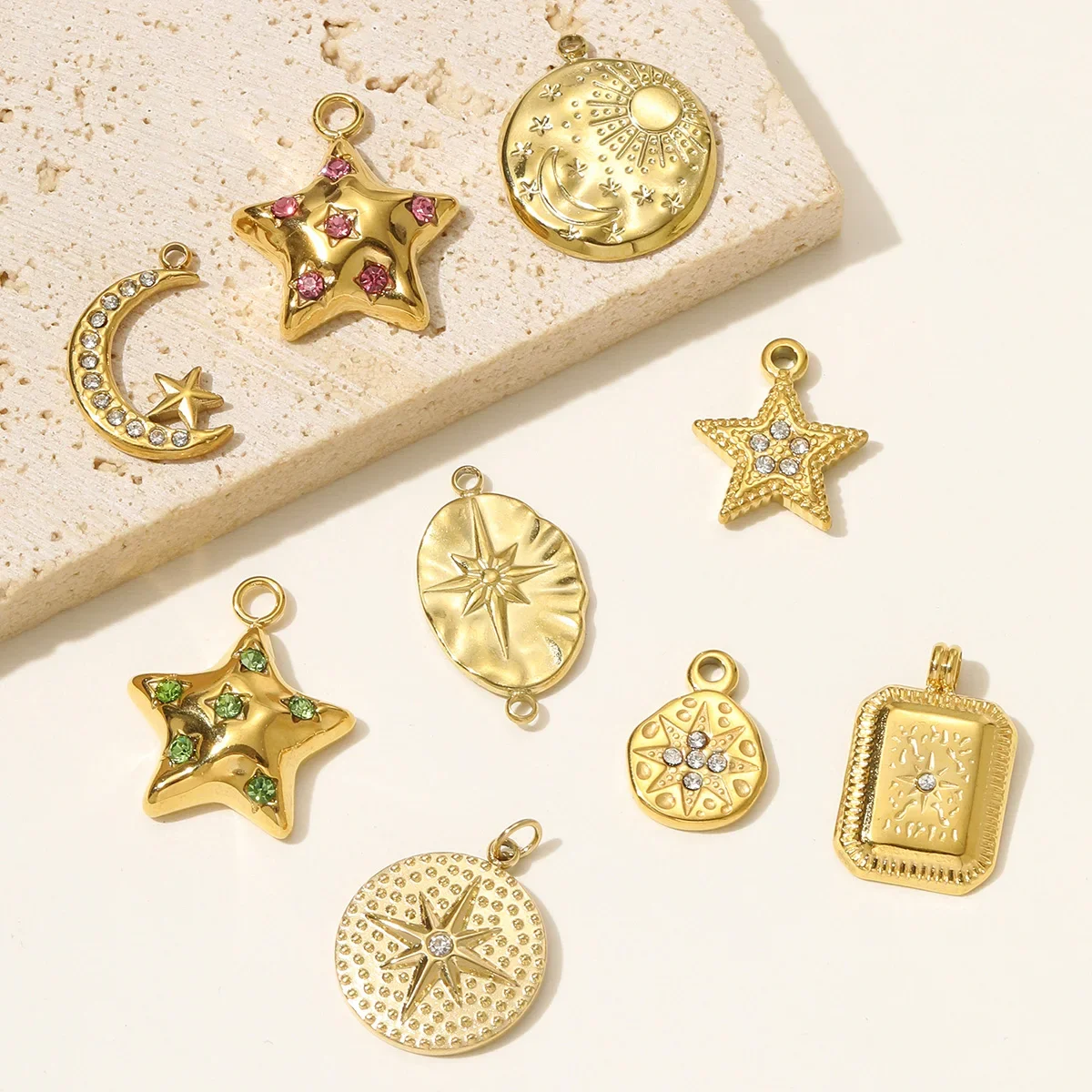 3pcs/Lot Stainless Steel High Polish Sun Moon Necklace Pendant Rhinestone Star DIY Earring Charm For Women Holiday Jewelry