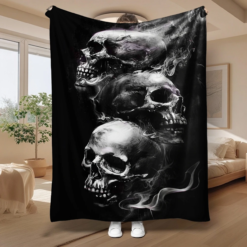 Smoky Skulls Design, Gothic Art Lover Gift, Soft Fleece Blanket, Monochrome Skeleton Print, Cozy Home Decor Throw, Multi-Purpose