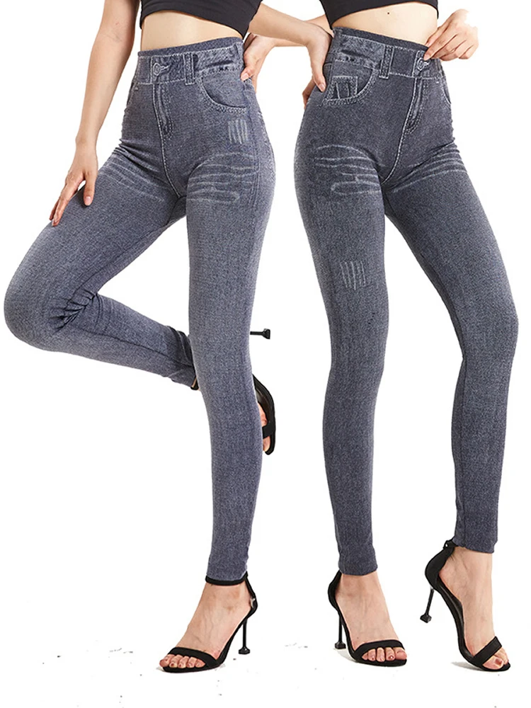 Leggings da yoga da allenamento in jeans finti grigi da donna Jeggings morbidi senza cuciture Pantaloni a matita in denim ad alta elasticità imitazione da donna