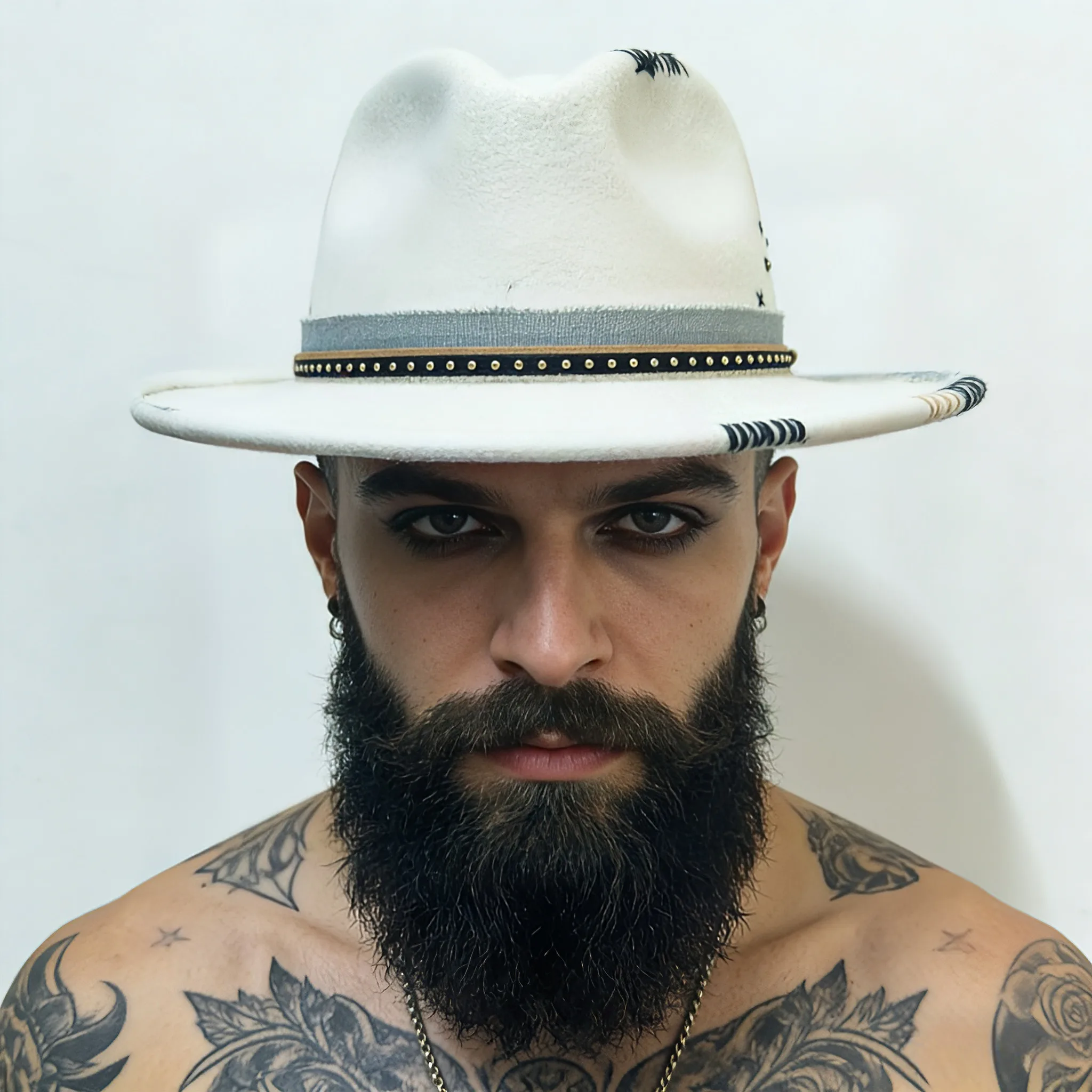 Fashion Men Handmade Wide Brim Jazz Trilby Fedora Hat Lady Blue Hand Drawn Pop Church Adjustable Size