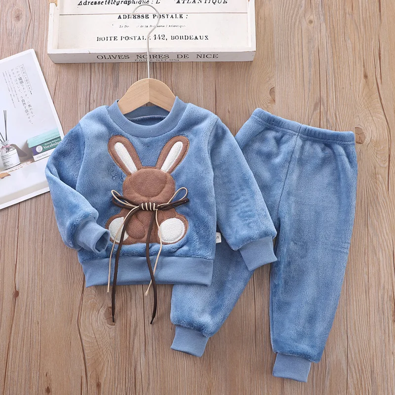 2023 New Autumn Winter Baby Clothes Pajamas Sets Girls boys Warm Flannel Fleece Cartoon Bear Pajamas Kids Home Suit 0-5Y