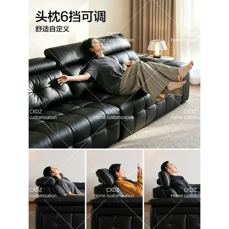 Minimalist Black Leather Sofa for Living Room Straight First Layer Cowhide Home Furniture
