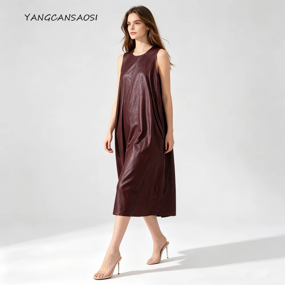 2026 Women's Fashion Clothing Premium 100% Natural Mulberry Silk Red Cloud Yarn Round Neck Sleeveless Split Vest Dress