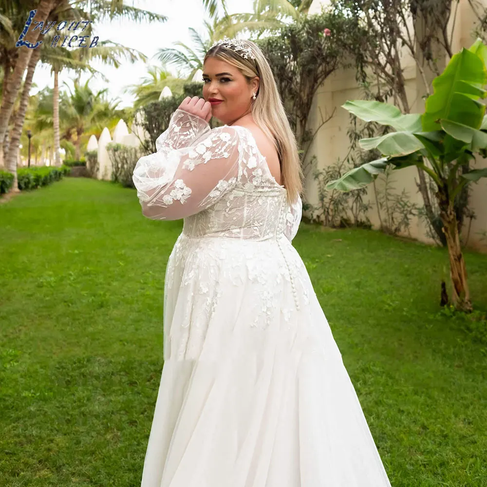 LAYOUT NICEB Elegant Plus Size Women Wedding Dress 2024 Vintage Full Sleeves V-Neck Bride Gowns Applique A-Line Vestido De Novia