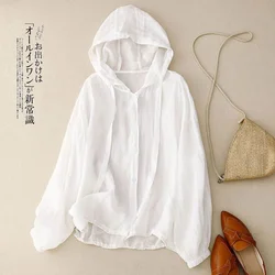 Solid Shirs for Women Minimalism Hooded Loose Casual Mid Length Single Breasted Sunscreen Shirts Coats Basic Summer Thin Trend