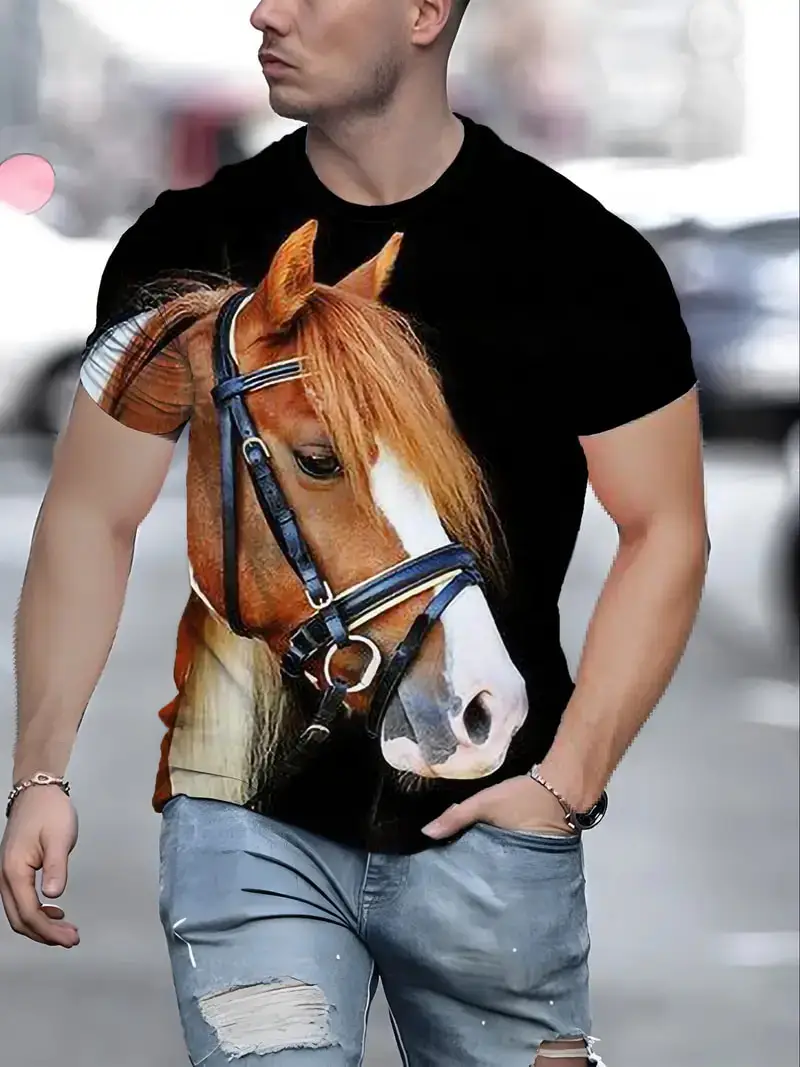 Black White Horse Graphic 3d Full Print T-shirt For Men Fashion Short Sleeve Crew Neck Tshirt Casual Summer Oversized Unisex Top