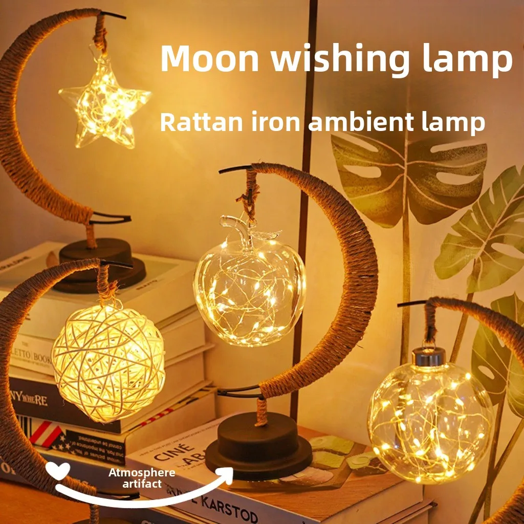LED Wrought Iron Desk Lamp Hemp Rope Moon Pendant Lamp Battery Night Light Bedroom Layout Atmosphere Stars