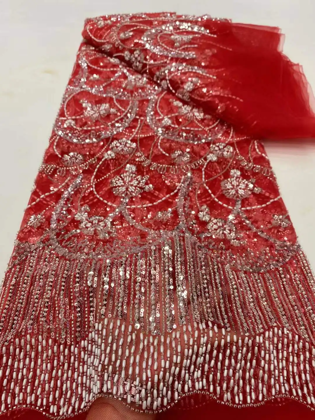 

Luxury African Sequins Lace Fabrics 2025 High Quality Beaded Embroidery French Nigerian Lace Fabric For Bride Wedding Party, DP