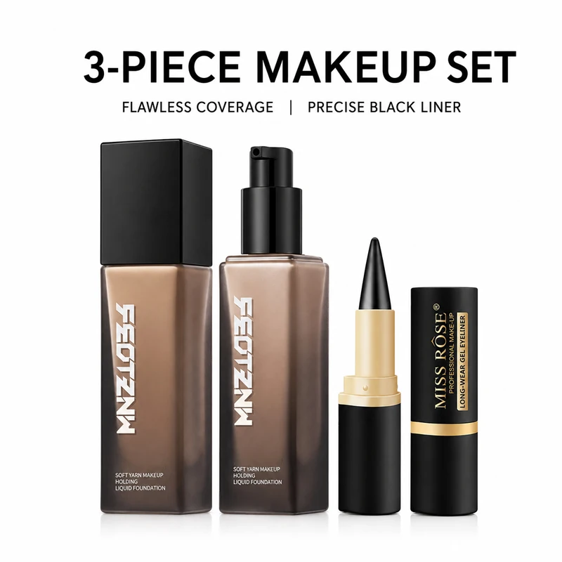 3PCS Makeup Set Full Coverage Liquid Foundation with 2 Waterproof Gel Eyeliners, Long-Lasting Matte Face Base, Smudge-Proof Black Eye Liner, Smooth Blendable Complexion and Eye Makeup Kit for Women, Natural Flawless Finish, Daily Wear Party Travel