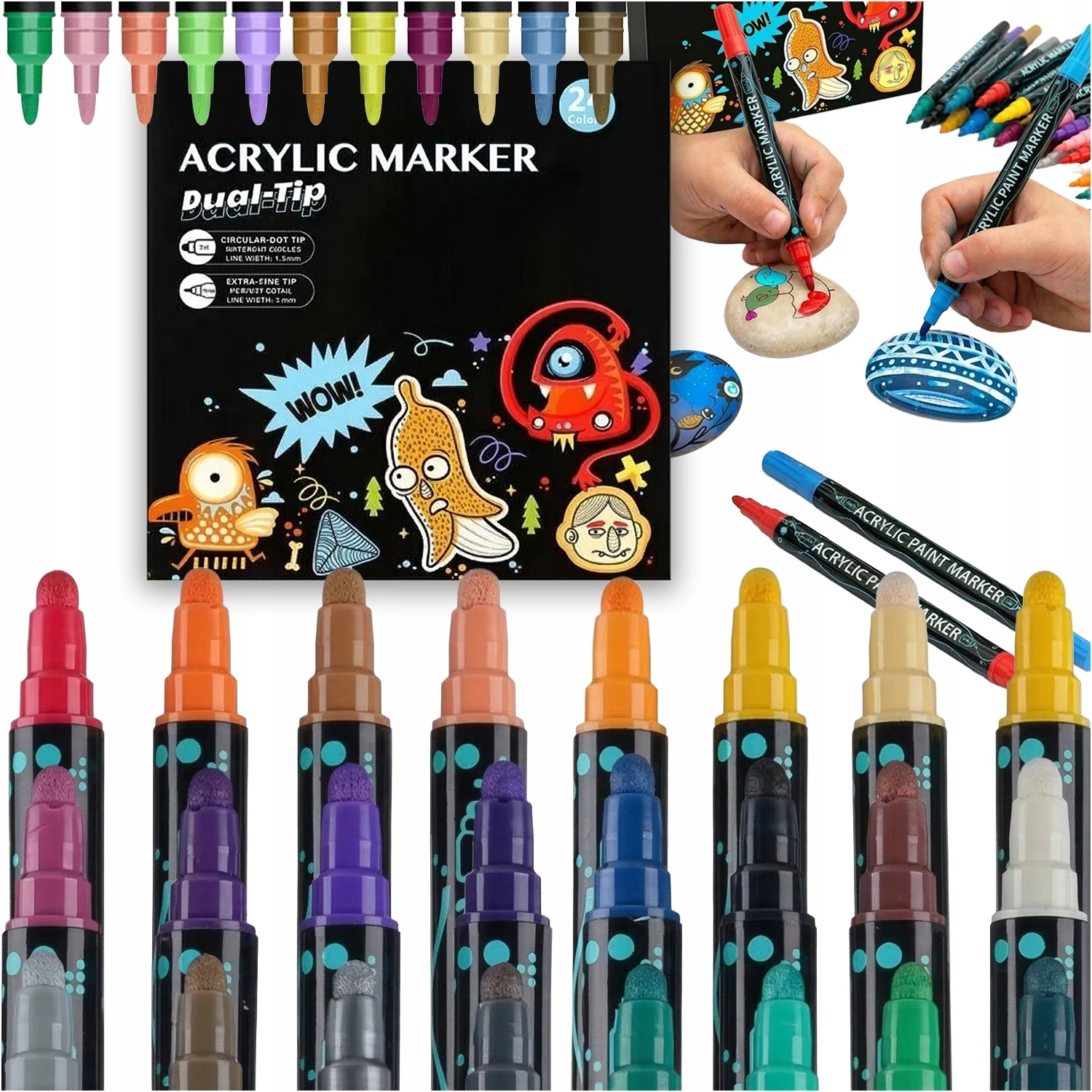 Acrylverfmarkers 24 stuks, waterdicht, dubbelzijdig, fijne beitelpunt, meerkleurige kunstbenodigdheden voor het beschilderen van stenen, hout, metaal, glas, keramiek, stof, canvas, voor volwassenen,