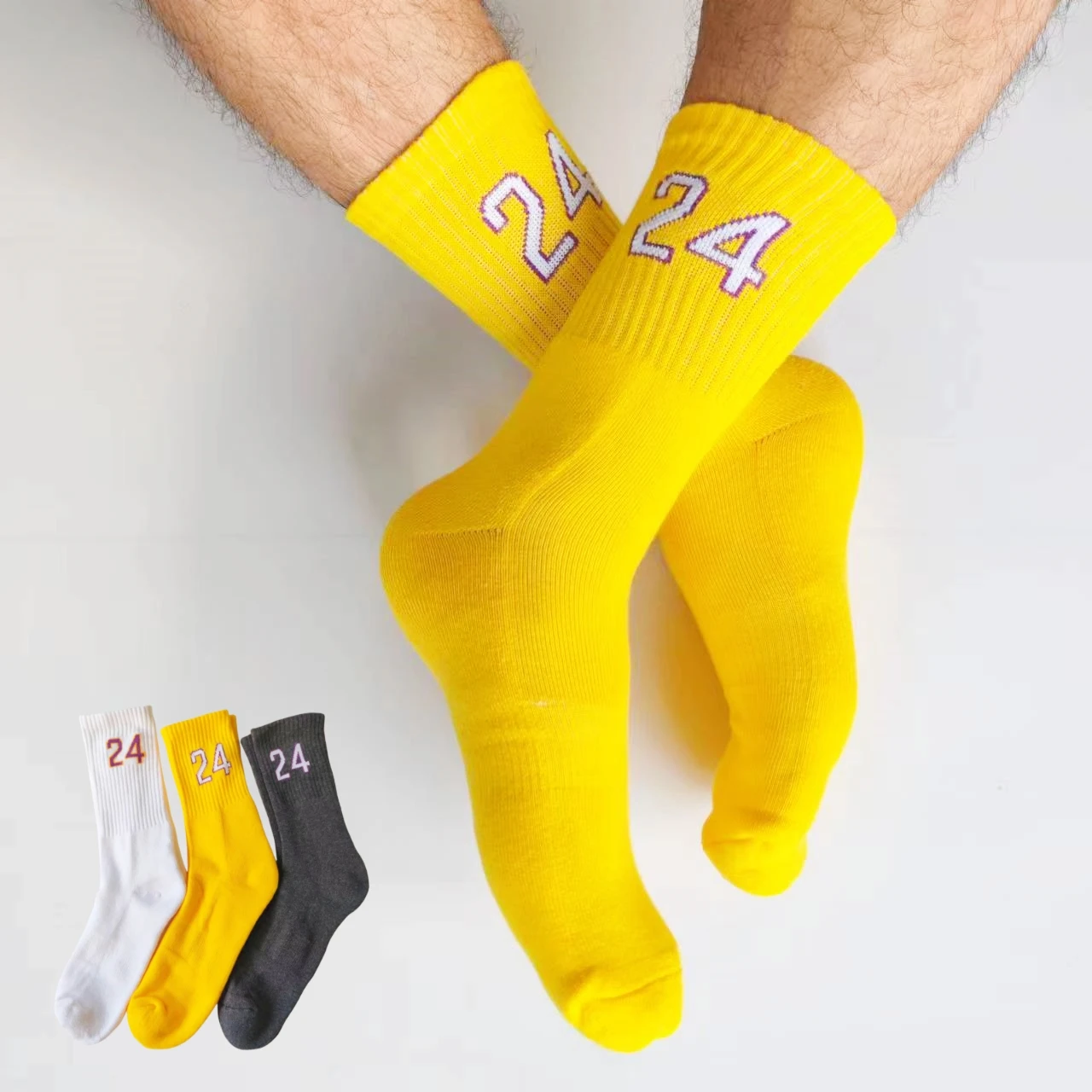 Sport Basketball MenTerry Socks NO.24 Running Football Athletic Thick Training Hoop Cushioned Sox Outdoor Road Yellow White