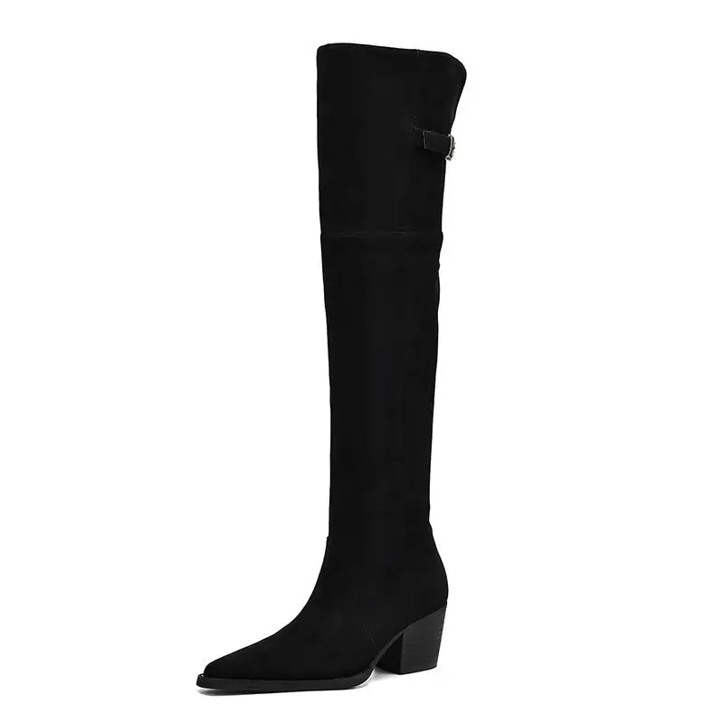 Lenkisen Flock Pointed Toe Thick Heels Riding Boots Warm Winter Shoes Dating Office Lady Street Wear Retro Women Knee-high Boots