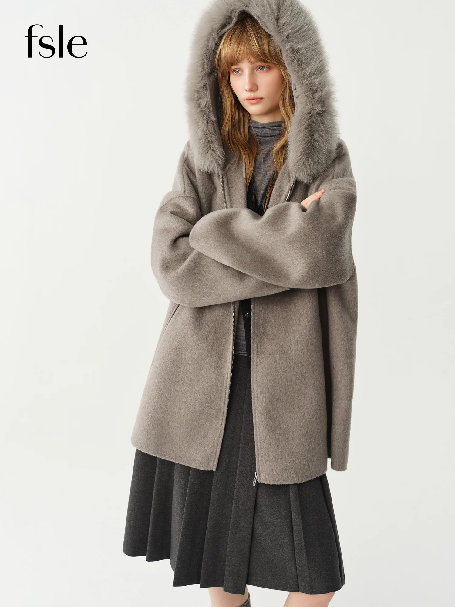 FSLE 2026 New Fall Winter Women Fox Fur Collar Cape Coat Loose Double-faced Woolen Outerwear Mid-length Jacket Long Coat