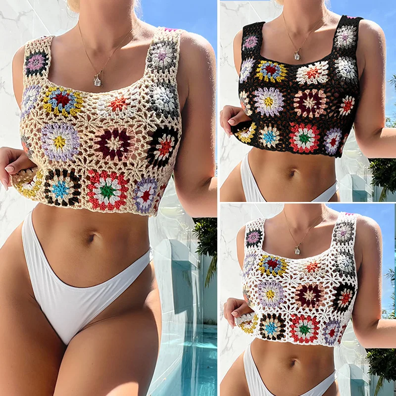 

Women's Beach Fashion 2023 Hand Hooked Flower Block Knitted Sling Lady Sexy Cover-Up Seaside Swimwear Vacation Bikini Cover Up