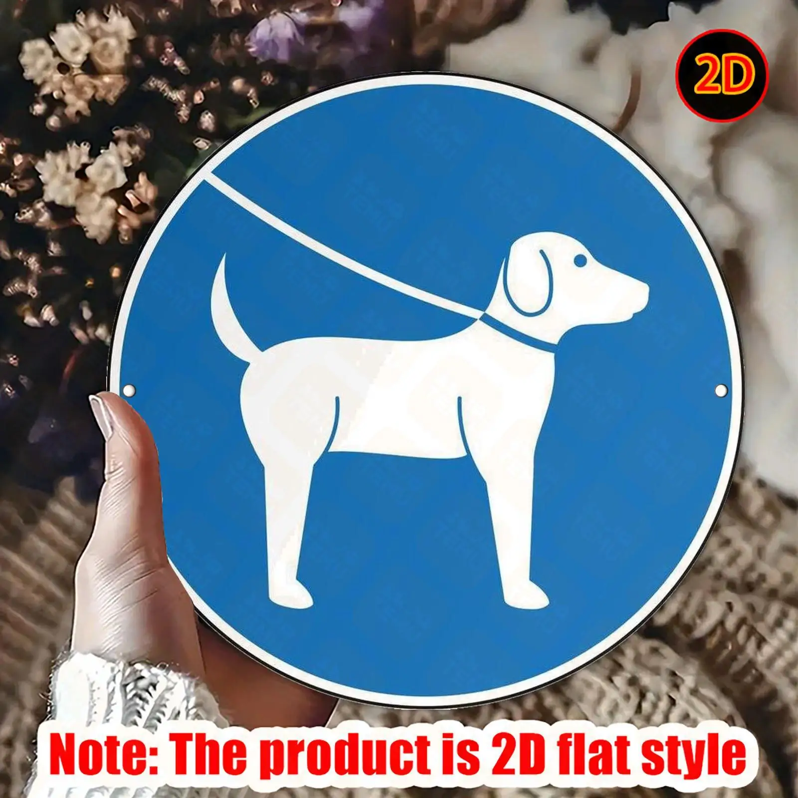 2D Flat - 2D Vintage Aluminum Wall-Hanging Dog Leash Sign | Round, Blue And White Design, 20X20 Cm/7.87 Inches, Durable For Home