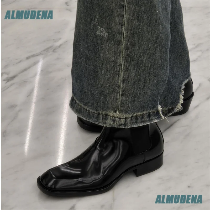Men's Black Patent Leather Square Toe Chelsea Boots Elastic Side Slip On Thick Sole Ankle Boots Luxury Designer Men's Boots